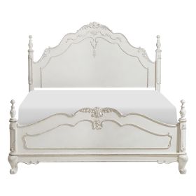 Victorian Style Antique White Queen Bed 1pc Traditional Bedroom Furniture Floral Motif Carving Classic Look Posts - as Pic