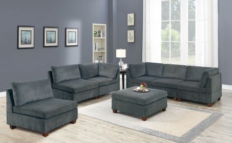 Living Room Furniture Gray Chenille Modular Sectional 7pc Set Modular Sofa Set Couch 3x Corner Wedge 3x Armless Chairs and 1x Ottoman Plywood - as Pic