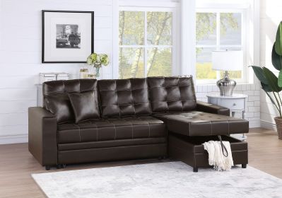 Espresso Convertible Sectional Pull Out Bed Sofa Chaise Reversible Storage Chaise Polyfiber Tufted Couch Lounge - as Pic