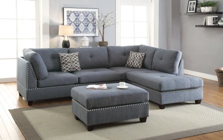 3-pcs Sectional Sofa Blue Grey Polyfiber Cushion Sofa Chaise Ottoman Reversible Couch Pillows - as Pic