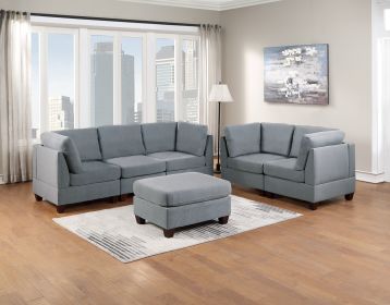 Modular Sofa Set 6pc Set Living Room Furniture Sofa Loveseat Couch Grey Linen Like Fabric 4x Corner Wedge 1x Armless Chair and 1x Ottoman - as Pic