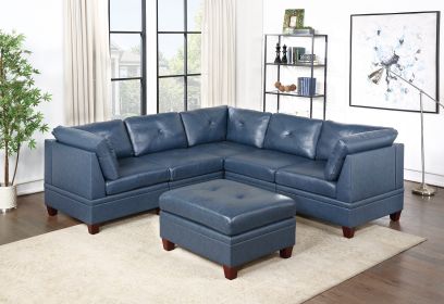 Genuine Leather Ink Blue Tufted 6pc Modular Sofa Set 3x Corner Wedge 2x Armless Chair 1x Ottoman Living Room Furniture Sofa Couch - as Pic