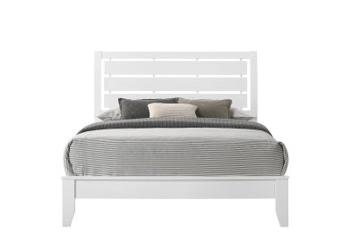 1pc Queen Size White Finish Panel Bed Geometric Design Frame Softly Curved Headboard Wooden Bedroom Furniture - as Pic