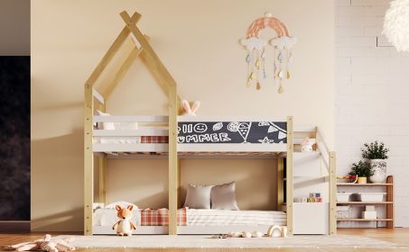 Twin over Twin House Bunk Bed with White Storage Staircase and Blackboard, White and Natural - as Pic