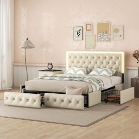 Queen Upholstered Bed Frame with 4 Storage Drawers, PU Leather Platform Bed with LED Headboard, No Box Spring Needed, Beige - as Pic