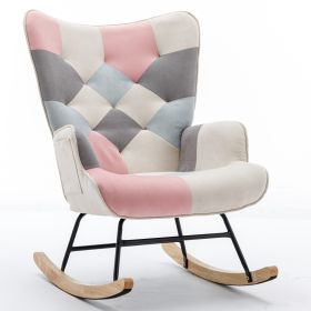 36.6 Inch Soft Seating Patchwork Accent Rocking Chair With Solid Wood Armrest And Feet - Pink