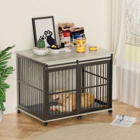 Furniture dog crate sliding iron door dog crate with mat. (Grey,43.7''W x 30''D x 33.7''H) - as Pic