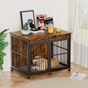 Furniture dog crate sliding iron door dog crate with mat. (Rustic Brown,43.7''W x 30''D x 33.7''H). - as Pic