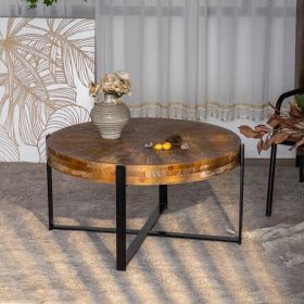 33.46"Retro drawing technology Splicing Round Coffee Table,Fir Wood Table Top with Black Cross Legs Base - as Pic