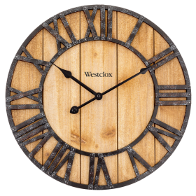 Westclox 16" Natural Wood Grain with Raised Roman Numerals & Iron Finish Analog QA Wall Clock - Westclox