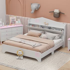 Wooden Full Size House Bed with Storage Headboard ,Kids Bed with Storage Shelf,White - as Pic