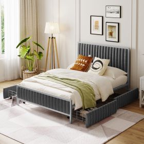 Full Size Metal Frame Upholstered Bed with 4 Drawers, Linen Fabric, Gray - as Pic