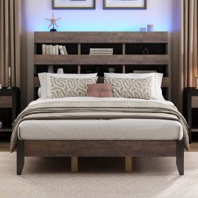 Mid Century Modern Style Queen Bed Frame with Bookshelf and LED Lights and USB Port, Walnut and Black - as Pic