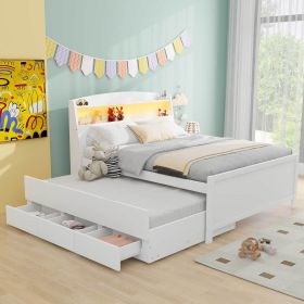 Full Size Platform Bed with Storage LED Headboard, Twin Size Trundle and 3 Drawers, White - as Pic