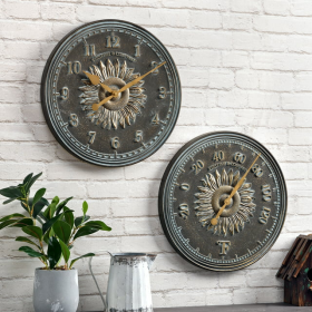 FirsTime & Co. Verdigris Calisto Sunflower Outdoor Wall Clock And Thermometer 2-Piece Set, Rustic, Analog, 16 x 1.12 x 16 in - FirsTime