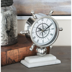 DecMode 8" Silver Stainless Steel Ship Wheel Clock with Marble Base - DecMode
