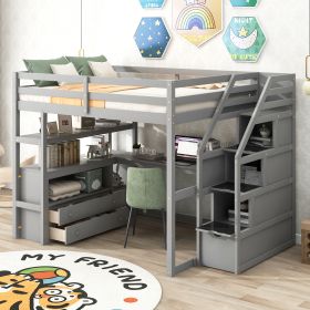 Full Size Loft Bed with Desk and Shelves, Two Built-in Drawers, Storage Staircase, Gray - as Pic