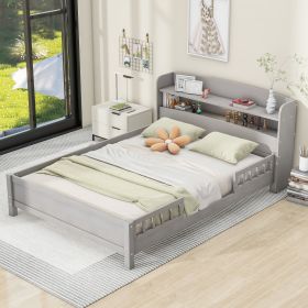 Wood Full Size Platform Bed with Built-in LED Light, Storage Headboard and Guardrail, Antique Grey - as Pic