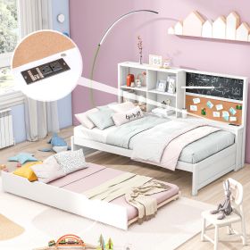 Twin Size Daybed with Storage Shelves, Blackboard, Cork board, USB Ports and Twin Size Trundle, White - as Pic