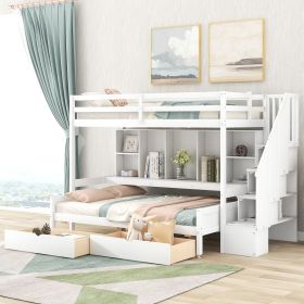 Twin XL over Full Bunk Bed with Built-in Storage Shelves, Drawers and Staircase,White - as Pic