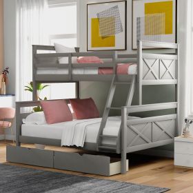 Twin over Full Bunk Bed with Ladder, Two Storage Drawers, Safety Guardrail, Gray - as Pic