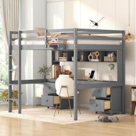 Full Size Loft Bed with Desk, Cabinets, Drawers and Bedside Tray, Charging Station, Gray - as Pic