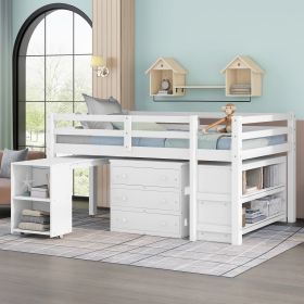 Low Study Full Loft Bed with Cabinet ,Shelves and Rolling Portable Desk ,Multiple Functions Bed- White - as Pic