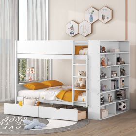 Full over Full Bunk Bed With 2 Drawers and Multi-layer Cabinet, White - as Pic