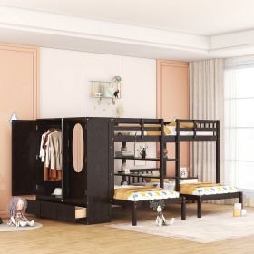 Full-Over-Twin-Twin Bunk Bed with Shelves, Wardrobe and Mirror, Espresso - as Pic