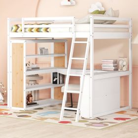 Full Size Loft Bed with Ladder, Shelves, and Desk, White(OLD SKU:LT000226AAK) - as Pic