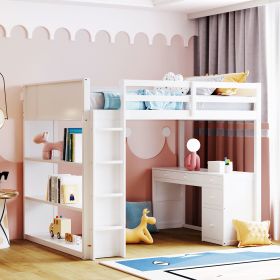 Full Size Loft Bed with Ladder, Shelves, and Desk, White - as Pic