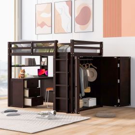 Full size Loft Bed with Drawers,Desk,and Wardrobe-Espresso - as Pic