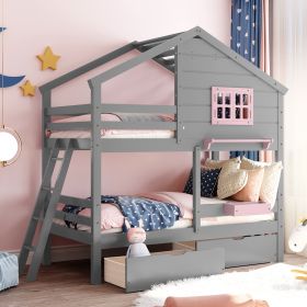 Twin over Twin Bunk Bed with 2 Drawers, 1 Storage Box, 1 Shelf, Window and Roof-Gray(OLD SKU:LT000608AAE) - as Pic