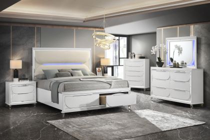 ACME Tarian Queen Bed w/Storage & LED, White Boucle & Pearl White Finish BD02317Q - as Pic