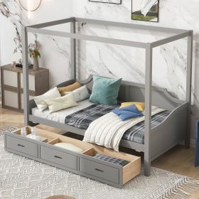 Twin Size Wooden Canopy Daybed with 3 in 1 Storage Drawers,Grey - as Pic