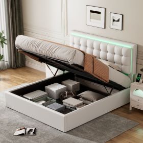 Queen Size Tufted Upholstered Platform Bed with Hydraulic Storage System,PU Storage Bed with LED Lights,White - as Pic