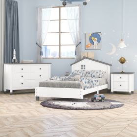 3-Pieces Bedroom Sets Twin Size Platform Bed with Nightstand and Storage dresser,White+Gray - as Pic