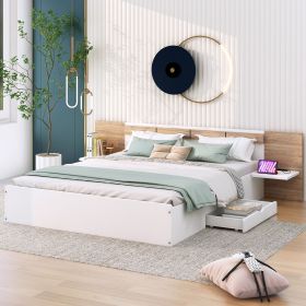 Queen Size Platform Bed with Headboard, Drawers, Shelves, USB Ports and Sockets, White - as Pic