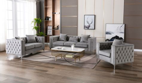 Lorreto Gray Velvet Fabric Sofa Loveseat Chair Living Room Set - as Pic