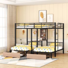 Full Over Twin & Twin Triple Bunk Bed with Drawers, Multi-functional Metal Frame Bed with desks and shelves in the middle, Black - as Pic