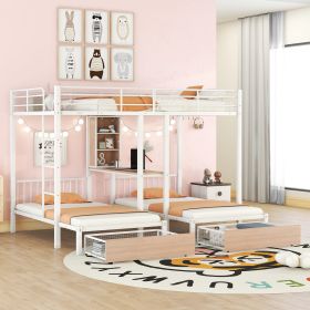 Full Over Twin & Twin Triple Bunk Bed with Drawers, Multi-functional Metal Frame Bed with desks and shelves in the middle, White - as Pic