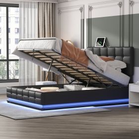 Tufted Upholstered Platform Bed with Hydraulic Storage System,Queen Size PU Storage Bed with LED Lights and USB charger, Black - as Pic