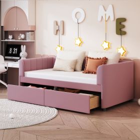 Twin Size Upholstered Daybed with Ergonomic Design Backrest and 2 Drawers, Pink - as Pic