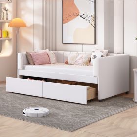 Twin Size Upholstered Daybed with Ergonomic Design Backrest and 2 Drawers, Beige - as Pic