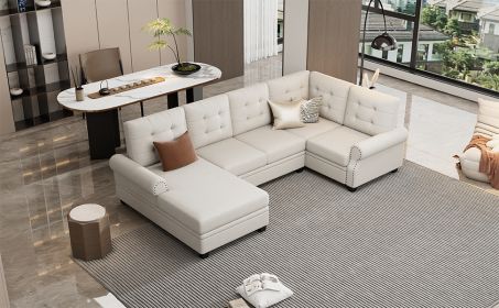 120" Modern U-Shaped Corner Sectional Sofa Upholstered Linen Fabric Sofa Couch for Living Room, Bedroom, Beige - as Pic