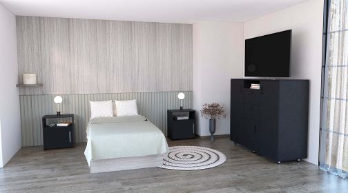 Newport 3 Piece Bedroom Set, Milano Double Door Cabinet Dresser + 2 Omaha Nightstands, Black - as Pic