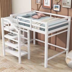 Full Size Loft Bed with Built-in Storage Staircase and Hanger for Clothes, White - as Pic