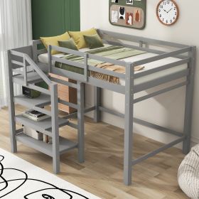 Full Size Loft Bed with Built-in Storage Staircase and Hanger for Clothes, Gray - as Pic