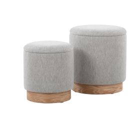 Marla Contemporary Nesting Ottoman Set in Natural Wood and Light Grey Fabric by LumiSource - as Pic