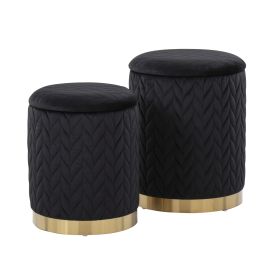 Marla Contemporary/Glam Quilted Ottoman Set in Gold Metal and Black Velvet by LumiSource - as Pic